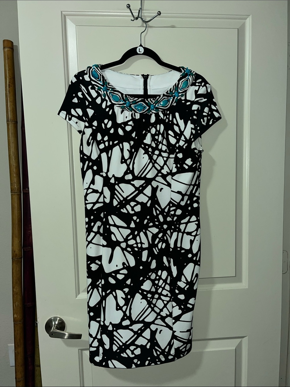 Muse Black and White Abstract Midi Dress with Blue Accents